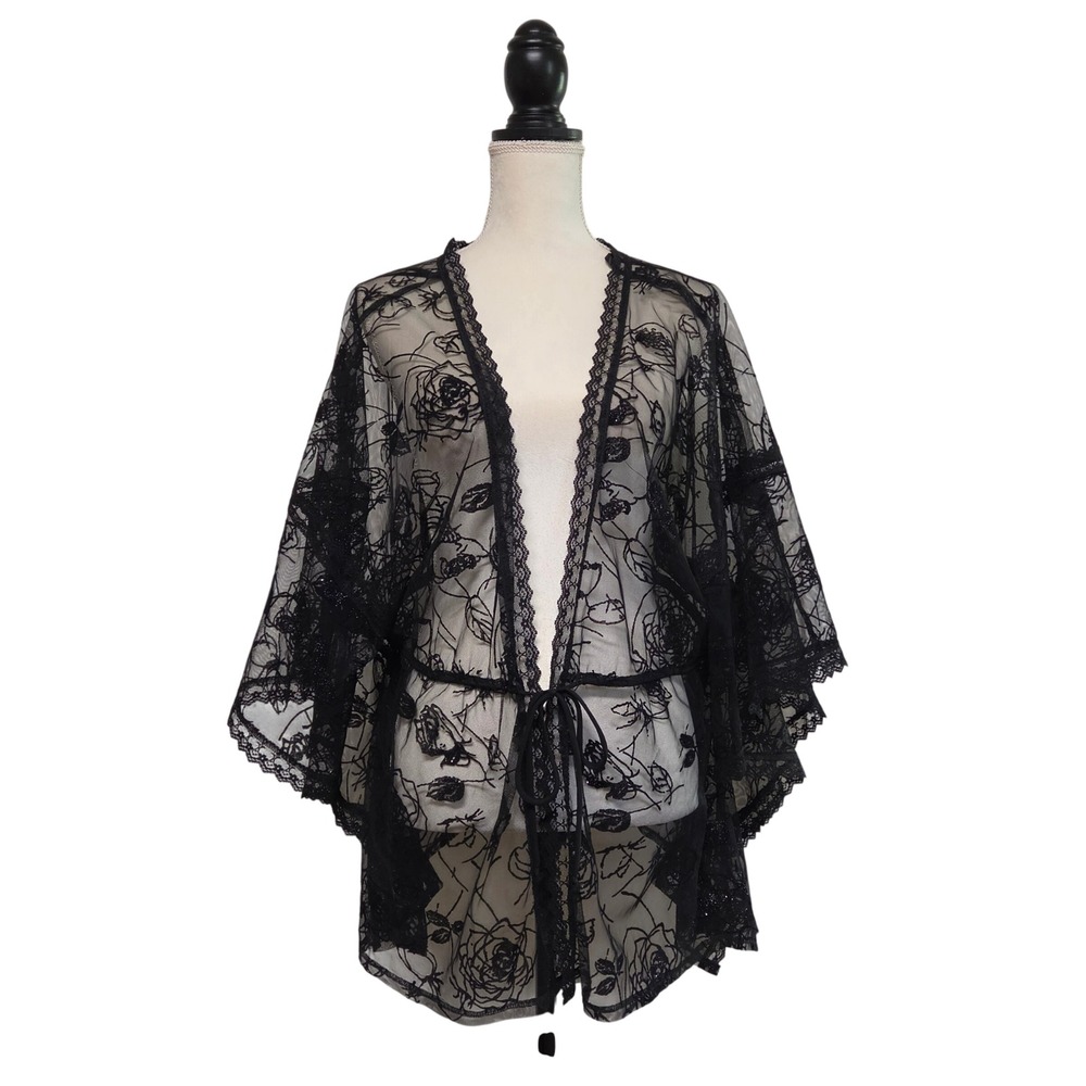 Y2K Torrid Sheer Black Lace Sparkle Rose Drawstring Tie Kimono Cardigan Size 1X